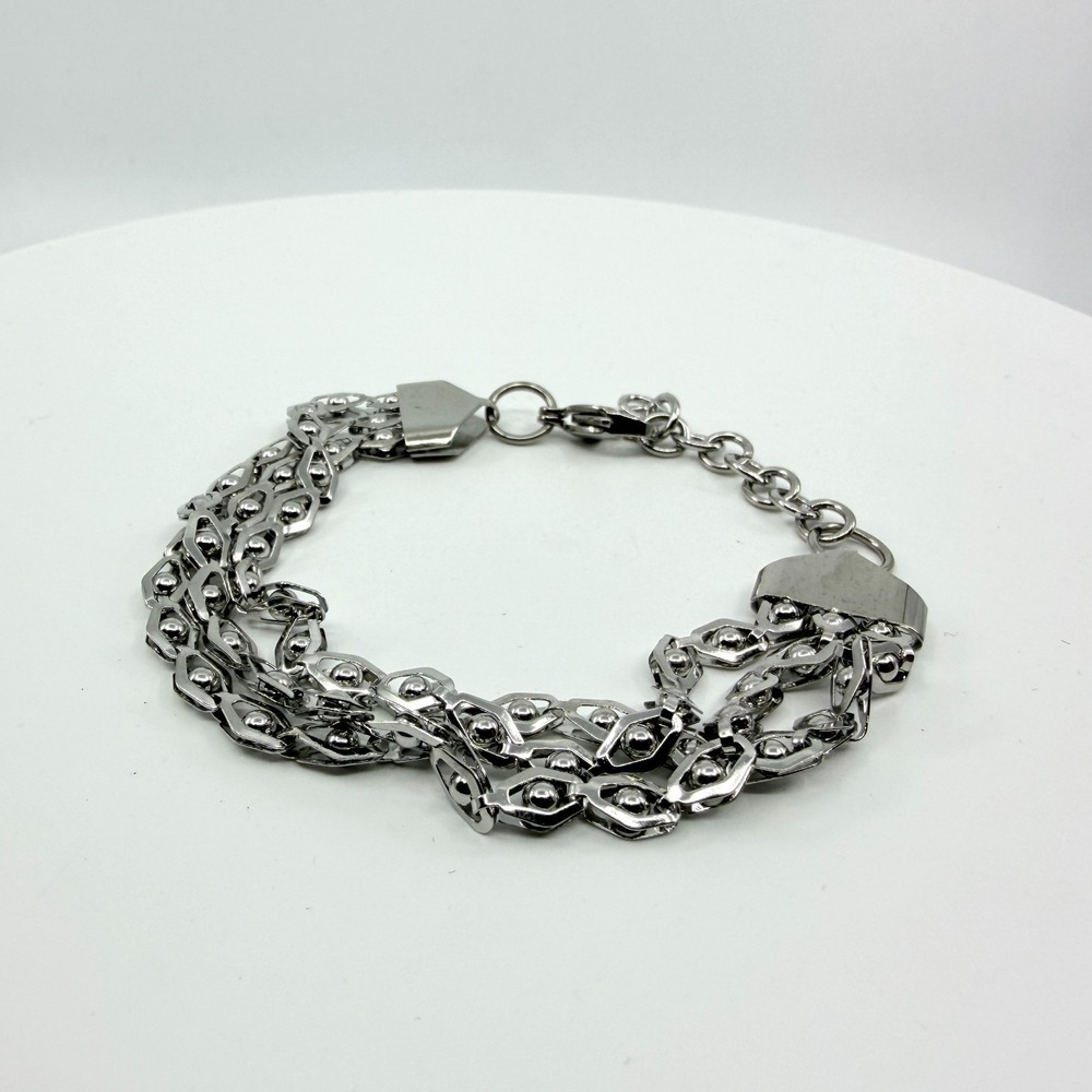 Silver Tone Geometric Multi-Row Chain Bracelet - Boho Statement Jewelry